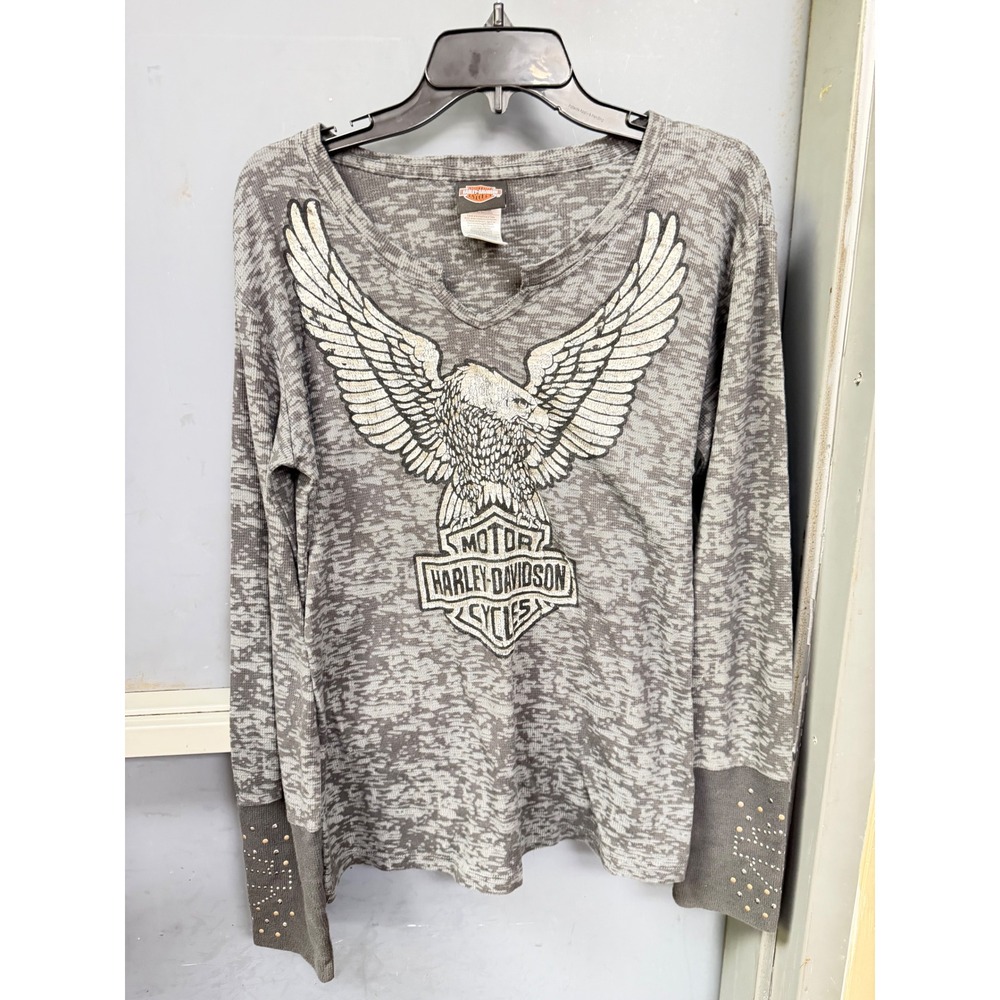 Harley-Davidson Womens Gray Eagle Graphic Waffle Knit Thermal Top XXL